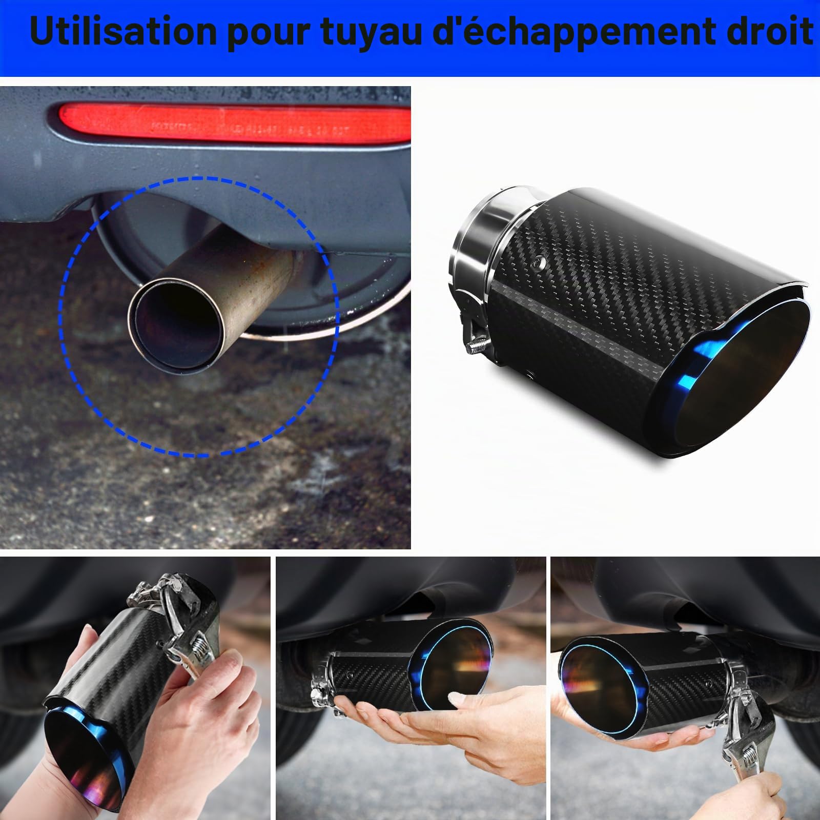 63MM Entrée Embouts D'éChappement 3,5" Sortie Embout D'éChappement De Voiture En Acier Inoxydable Et Fibre De Carbone Brillant (Bleu Brillant Grillé)