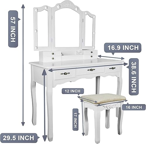 Miniatura 6 de ENSTVER Vanity Beauty Station, espejos plegables, 6 organizaciones, 7 cajones, mesa de maquillaje con taburete acolchado, color blanco