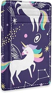 Unicorns with Wings, Stars and Planets on Purple Slim Minimalist Wallet, Front Pocket RFID Blocking Leather Credit Card Holder, Case Protector Covers for Men Women