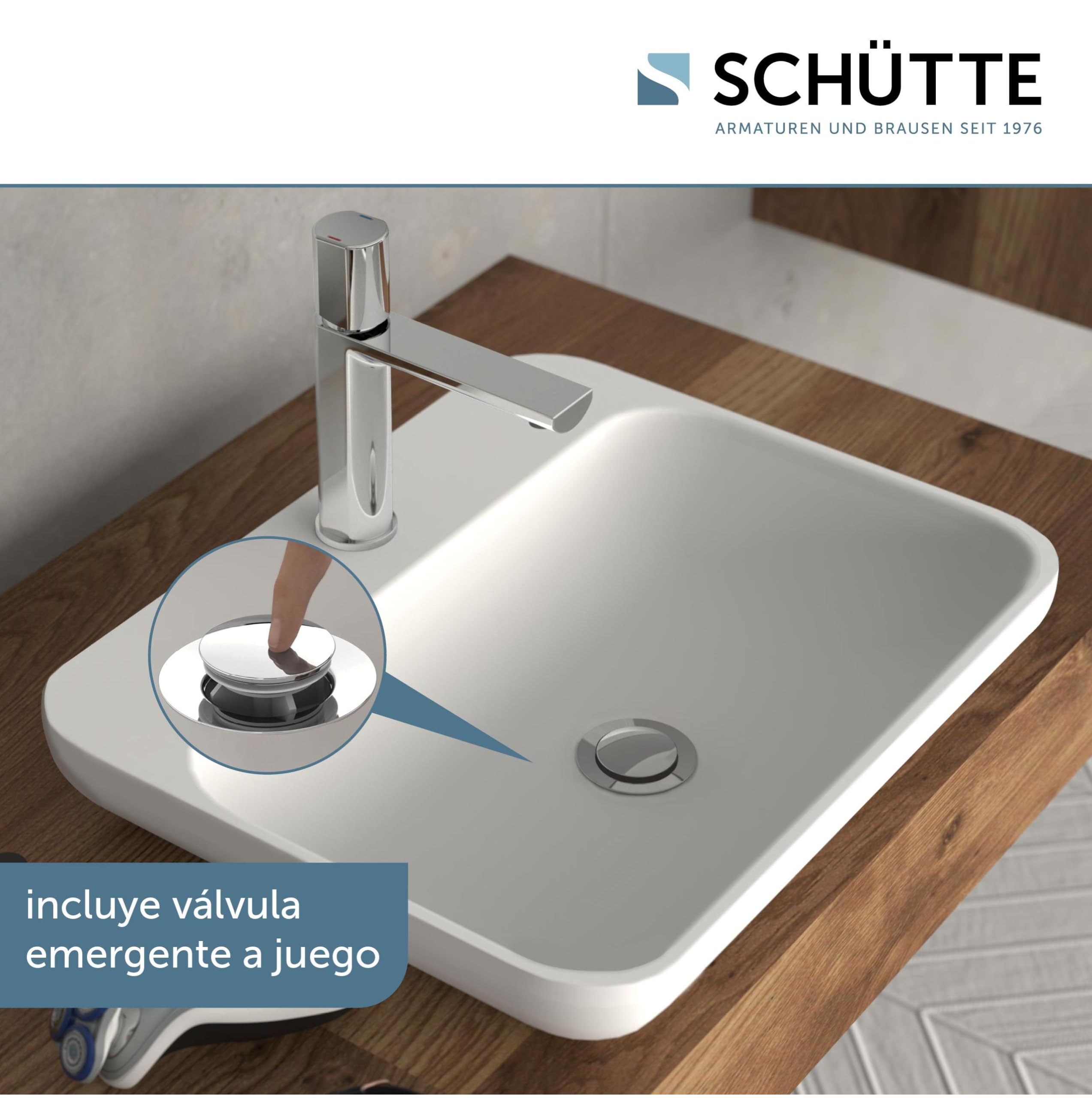 Schütte New York 33610 - Grifo mezclador monomando para lavabo con desagüe, grifo mezclador con válvula emergente, grifo de baño, monomando para baño, cromado