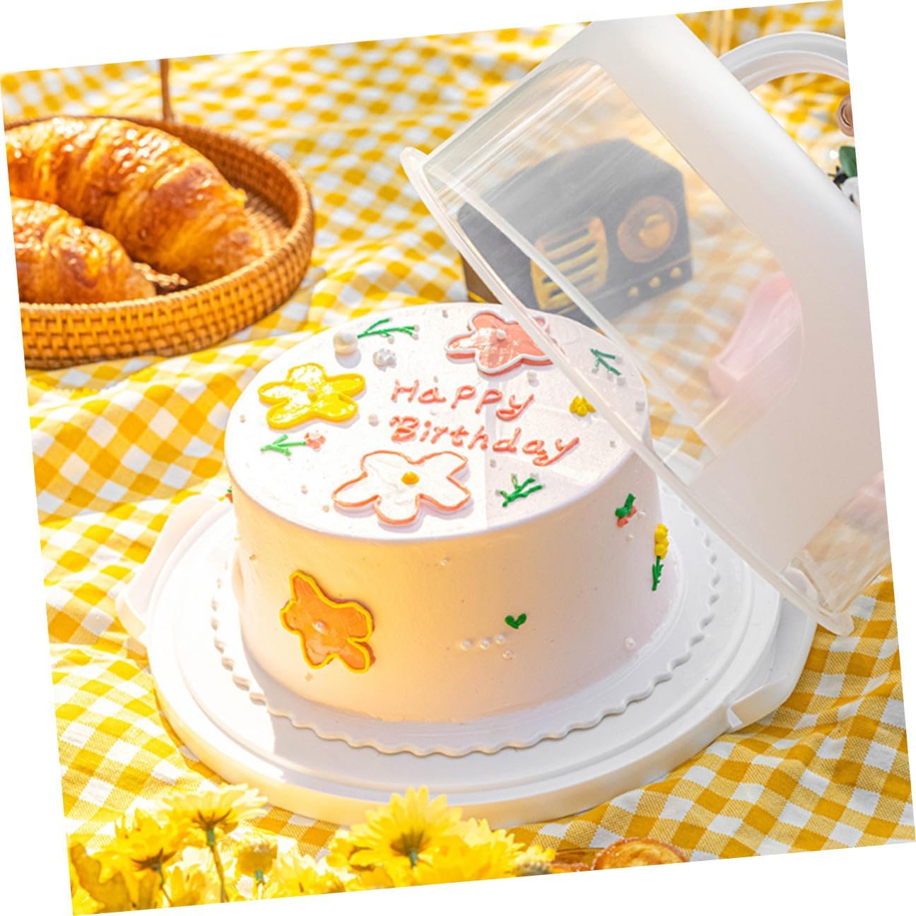 BESTYASH Portable 8-inch White Reusable Cake Carrier with Handle Birthday Cake Display Box Bakery Packing Holder for Party and Travel