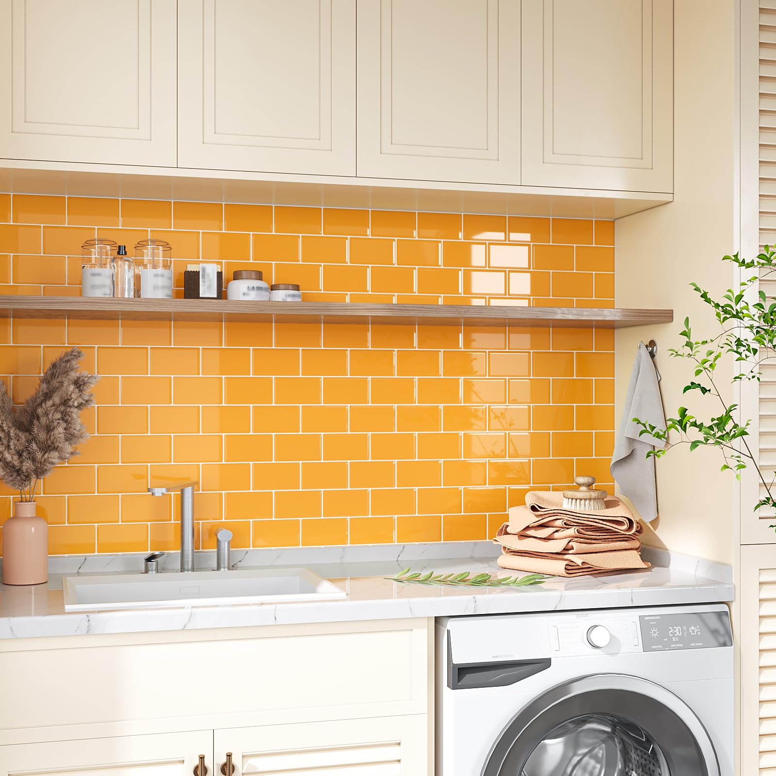 VEELIKE Azulejos Adhesivos Cocina Amarillo Brillante Rectangulares 3D Baldosas Adhesivas Pared Baño Vinilo Cocina Pared Azulejos Adhesivos Pegatinas de Baldosas Lavanderías 30.5cm×30.5cm 12 Piezas