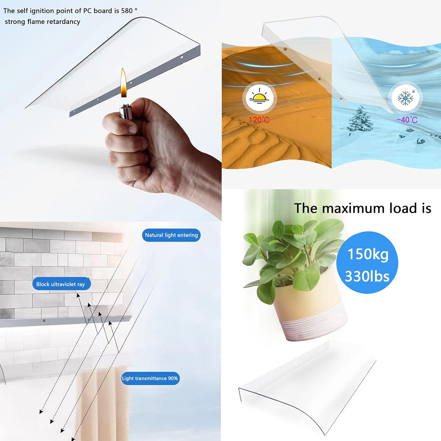 Front Door Canopy Outdoor Awning Window Rain Shelter Cover,50% Frosted and Transparent Porch Awning Rain Canopy Garden Canopy,Uv Rain Snow Protection,Easy to Assemble (50x110cm/20 x43)