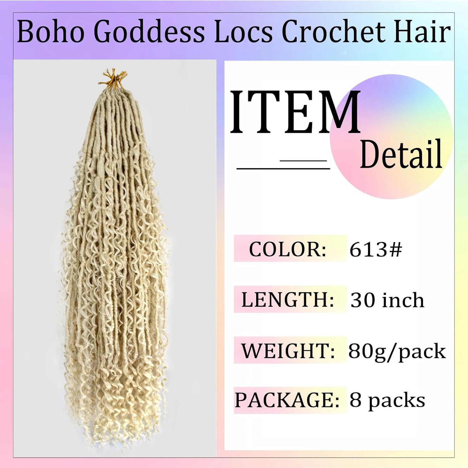 Boho Faux Locs Crochet Hair 30 Inch Goddess Locs 8 Packs Boho Soft Locs Crochet Hair with Curly Ends Pre-looped Long Bohemian River Locs Crochet Hair for Black Women(30Inch,#613)