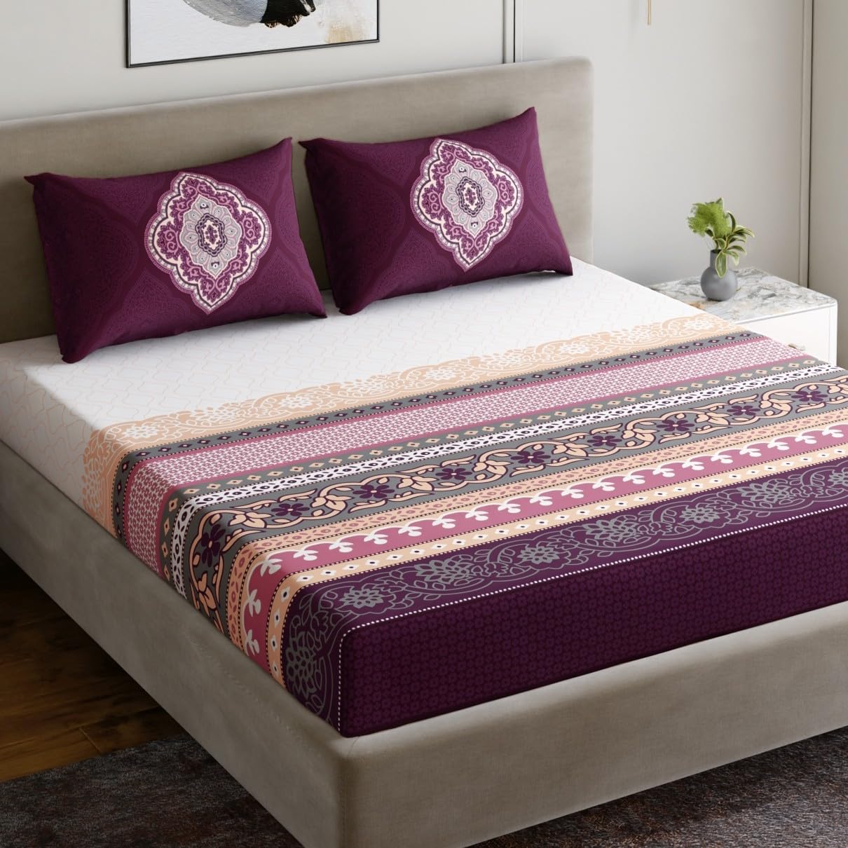 Dreamscape 100% Cotton Bedsheet with 2 Pillow Covers - (Size 87 x 98 inches, TC, Colour - Purple)-image-28