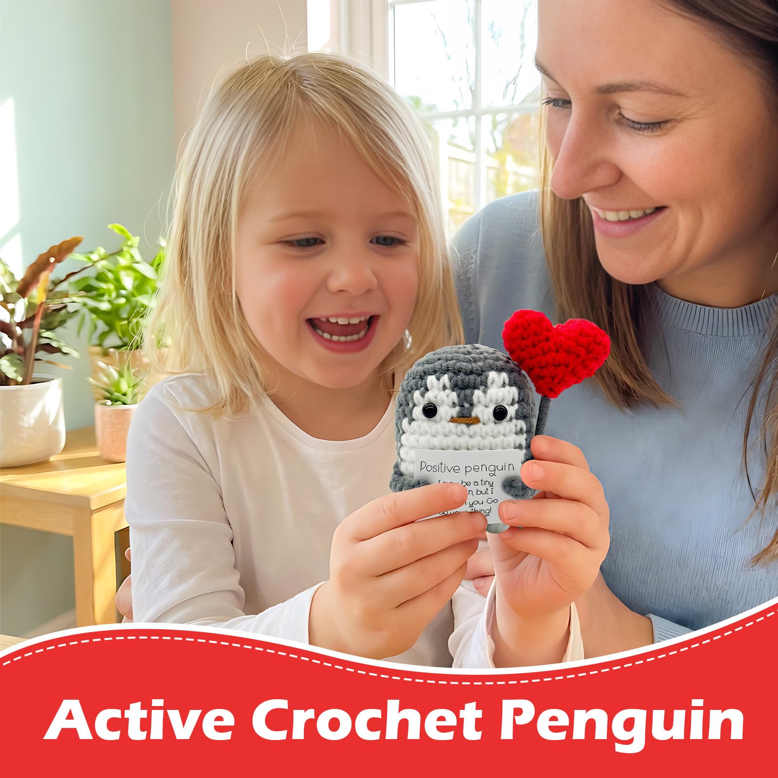Qubitly Cute Grey Positive Penguin, Handmade Positive Crochet Animals With Card & Red Heart, Funny Crochet Penguin - Image 4