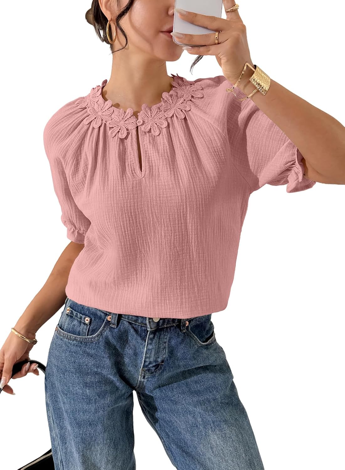 Dokotoo Blouses for Women Dressy Casual Puff Short Sleeve Shirts Lace Crewneck Solid Floral Embroidered Tops