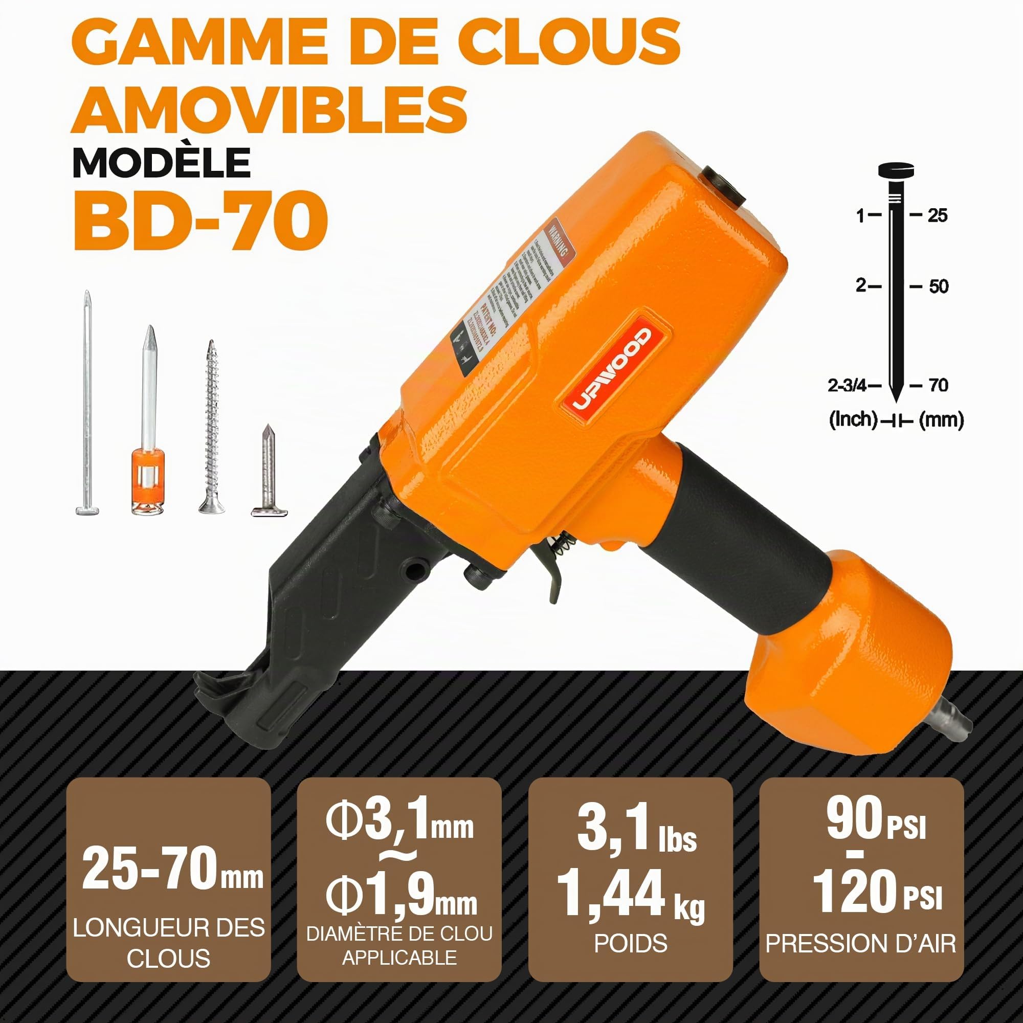Extracteur de clous pneumatique professionnel Outil pneumatique pour enlever les clous pour bois de palette, clôture en bois