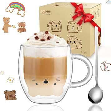 ecooe Cute Bear Mug Glass Coffee Cup 9.8oz Double Walled Glass Mug