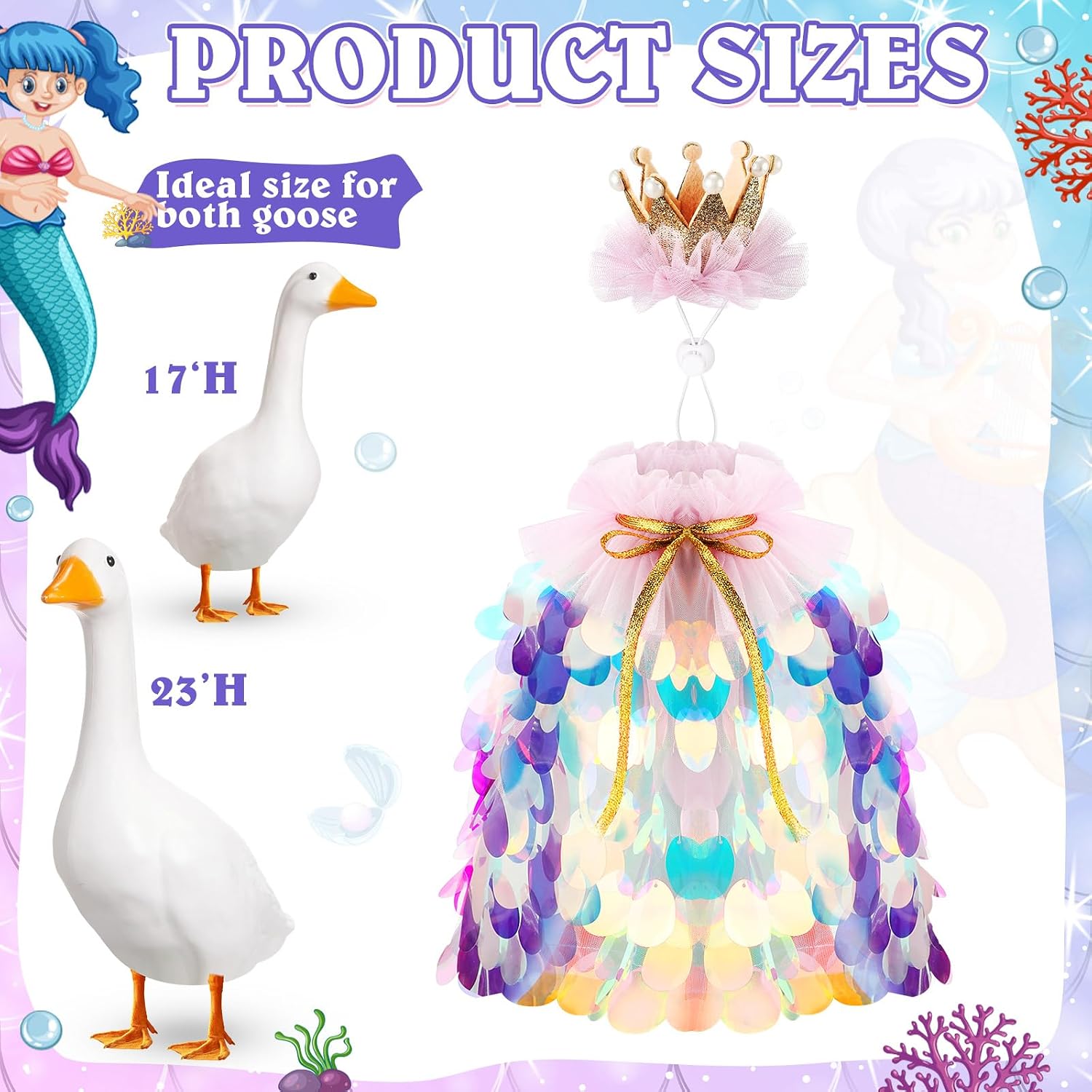 Princess Porch Goose Outfit Winter Porch Goose Outfit Sparkly Rainbow Sequin Cape for 17" 23" Lawn Garden Yard Geese(Blue)