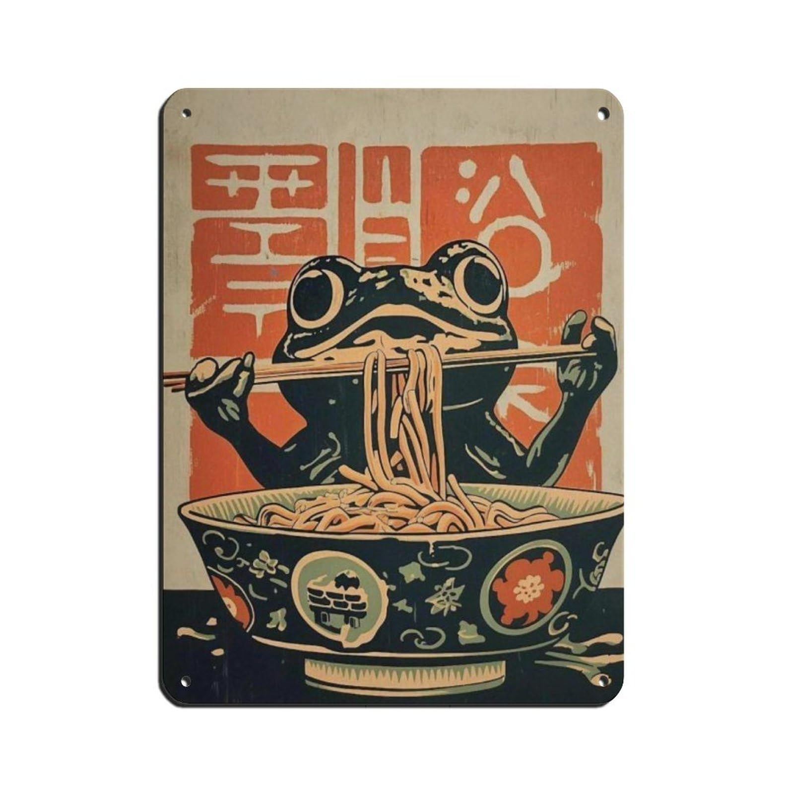 Quirky Ramen Frog Poster Tin Sign Vintage Metal Pub Club Cafe Bar Home Wall Art Decoration Poster Retro 12x16inch(30x40cm)