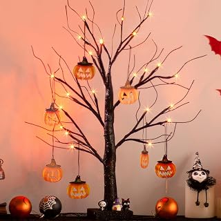 Vanthylit Black Halloween Tree Glittered with Orange Lights and Pumpkins, Battery Powered Timer Halloween Centerpieces Spooky Twig Tree for Table Decorations Indoor (2FT, 24LED)