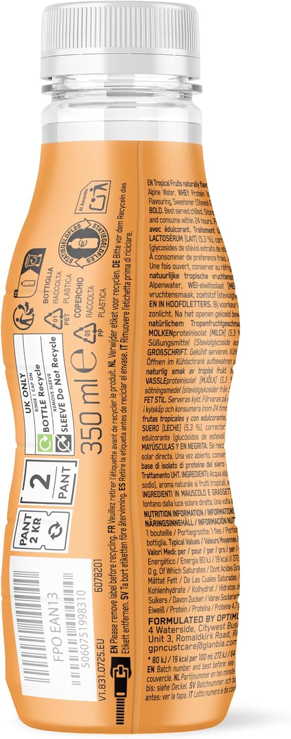 Optimum Nutrition Protein Water - 16 g of Protein per Serving to Support your Active Lifestyle for Pre- and Post-Workout, Sugar-free Hydration, Tropical Fruits, 350 ml