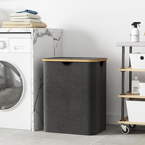 Miniatura 184 de Lifewit Cesta grande de 100 litros con tapa para ropa con asas de bambú y bolsa extraíble, plegable para dormitorio, baño, residencia universitaria