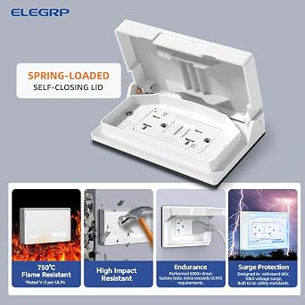 ELEGRP Horizontal Outdoor GFCI Outlet with Cover, Weather Resistant GFCI Receptacle and Wall Plate, 20 Amp Self-Test GFI Outlet, Thinner Design Ground Fault Receptacle, UL Listed, Matte White, 1 Pack