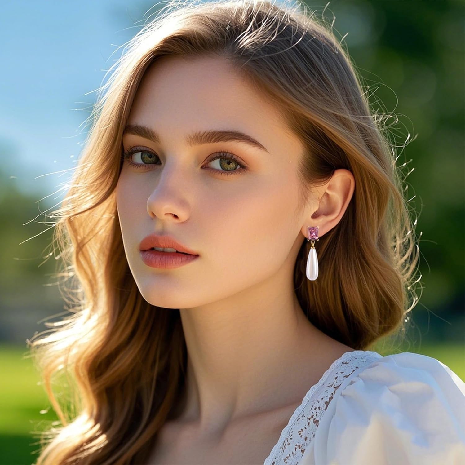 Pearl Emerald Cut Birthstone Earring 18k Gold Plated Cubic Zirconia Drop Earring Pearl Dangle Earrings Pearl Jewelry Birthday Gifts for Women