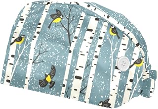Snowy Birch Trees Birds Pattern 2 Pack Adjustable Working Cap with Buttons Elastic Bouffant Hats Head Scarf with Sweatband for Women Men