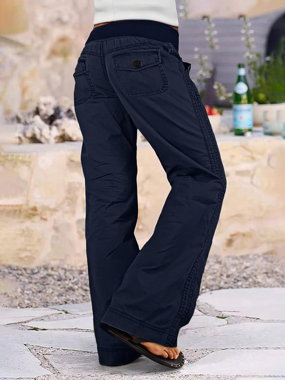 Flamingals Straight Leg Pants for Women Drawstring Waist Mid Rise Casual Solid Seam Detail Pants - Image 2