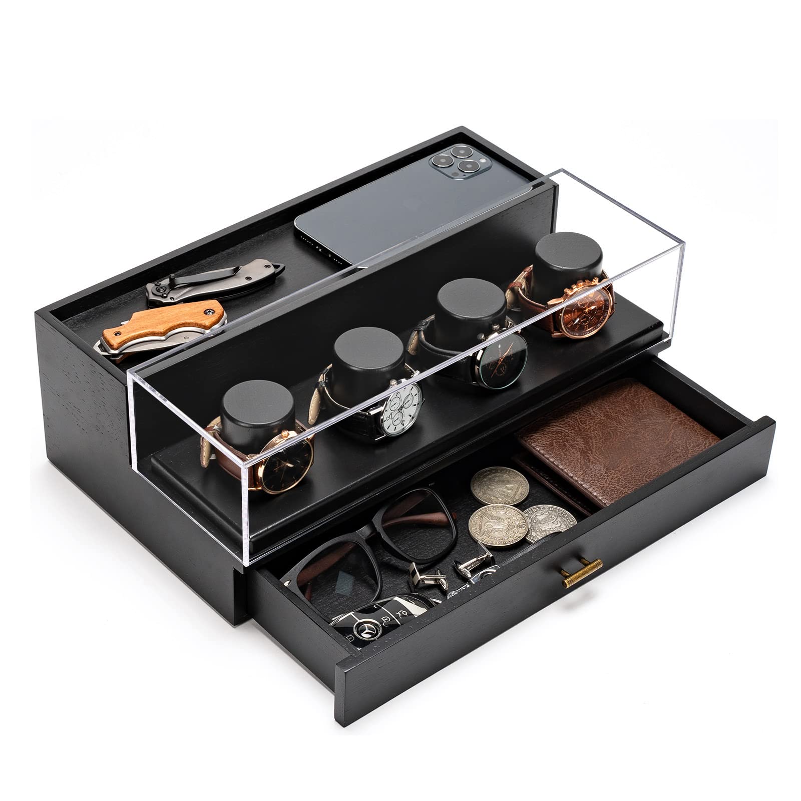 DGWJSU Watch Box Organizer for Men, Real Wood & HD Acrylic Watch Display Case for Men, Large Mens Watch Case Holder as Gift for Boyfriend Father Husband (Black)