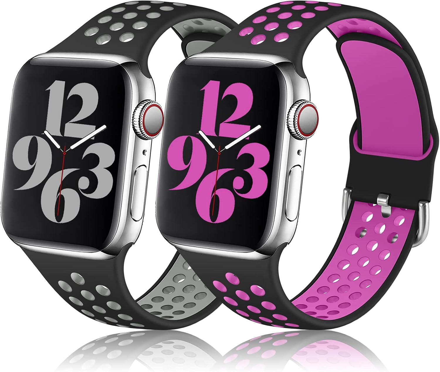 Henva Compatible with Apple Watch Band 45mm 44mm 42mm 41mm 40mm 38mm for Women Men, Breathable Silicon Replacement Strap with Air Holes for iWatch SE Series 7/6/5/4/3/2/1, Black/Gray, Black/Plum, S/M