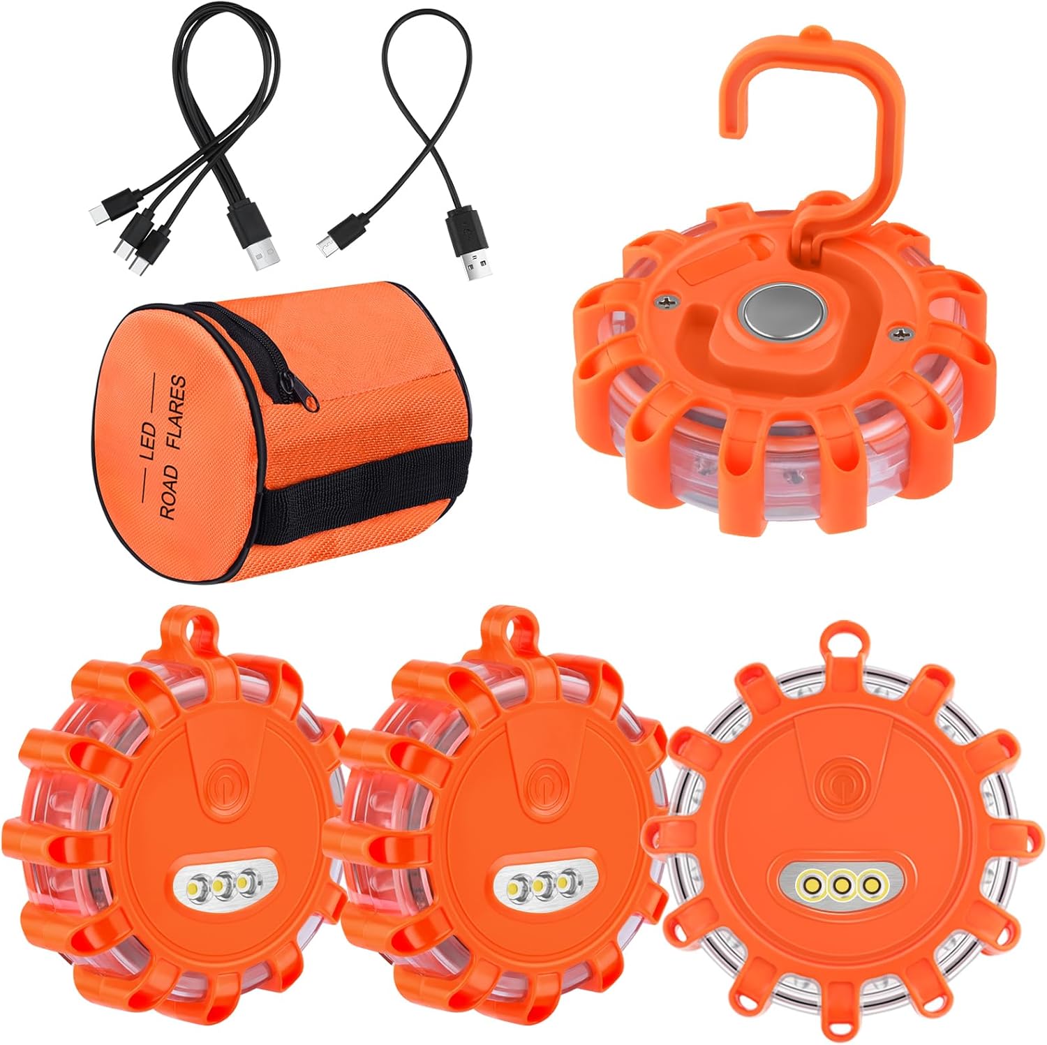 AK LED Street Flares Rechargeable Security Flashing Warning Mild Roadside Emergency Disc Beacon Equipment for Automobiles Boats with Magnetic Base & Hook & USB Charging Cables (4 Pack)