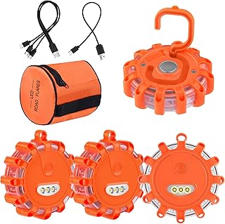 AK LED Road Flares Rechargeable Safety Flashing Warning Light Roadside Emergency Disc Beacon Kit for Vehicles Boats with Magnetic Base & Hook & USB Charging Cables (4 Pack)