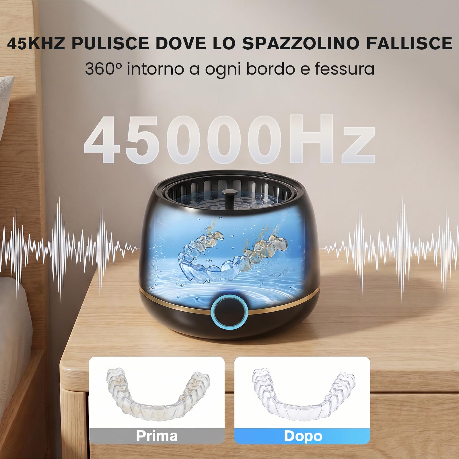 WRIYES 45kHz Pulitore Ultrasuoni, per la pulizia di allineatori dentali e apparecchi di contenzione, Pulitore Ultrasuoni Apparecchio Denti adatto anche per bite dentale,dentiere,ecc (nero)