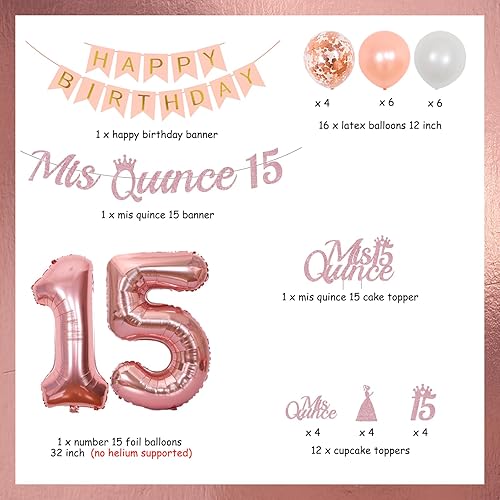 Miniatura 6 de Cheereveal Decoraciones de cumpleaños de 15 años para niñas, oro rosa, pancarta de membrillo 15, decoración de quinceañera, decoraciones de