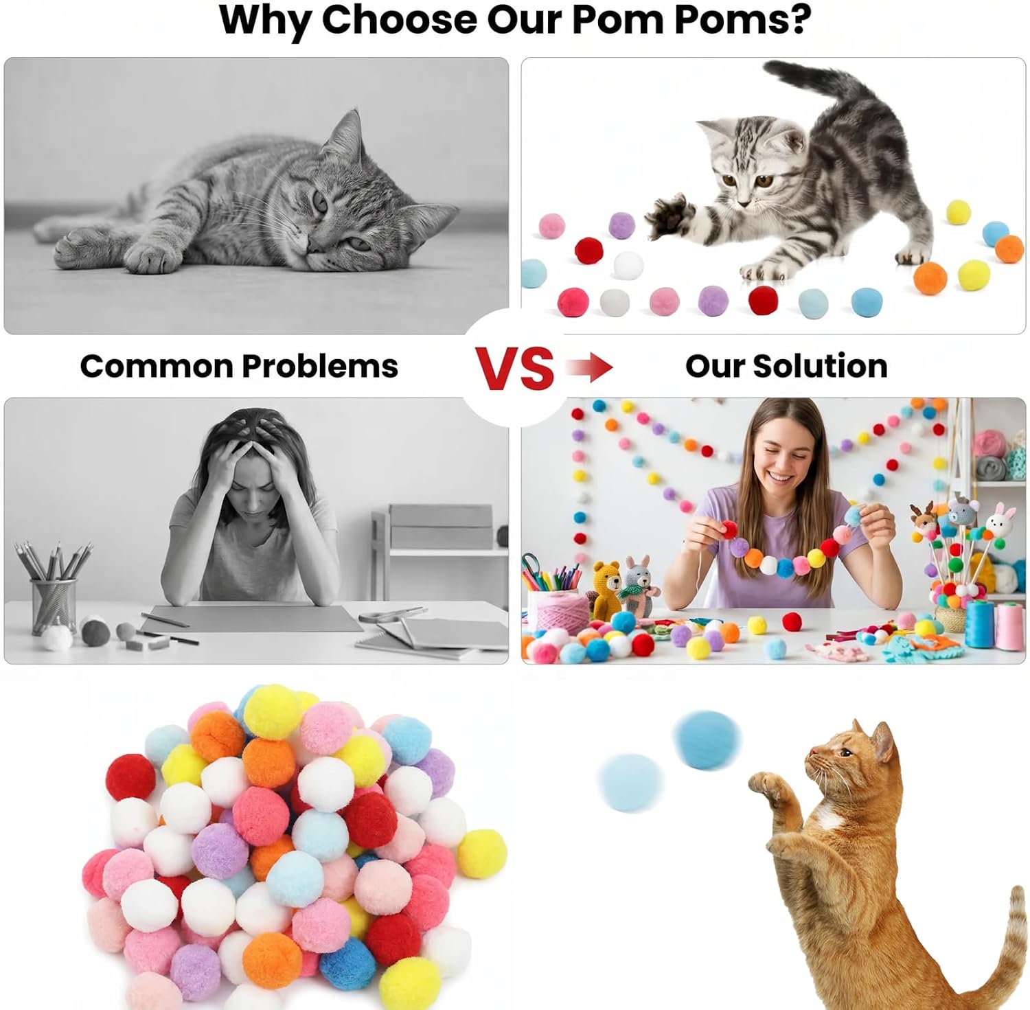 24 Pcs Colorful Soft Plush Pom Poms Balls, Fluffy Assorted Colors for DIY Crafts, Keychains, Decorations and Interactive Cat Toys