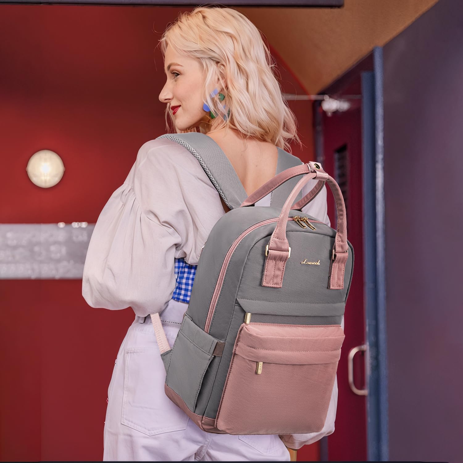 Mini mochila para mujeres y niñas, elegante mochila impermeable con puerto USB, bonita mochila para la escuela, viajes, fiestas, Rosa & Gris, 14 pulg., Mochilas Daypack 2