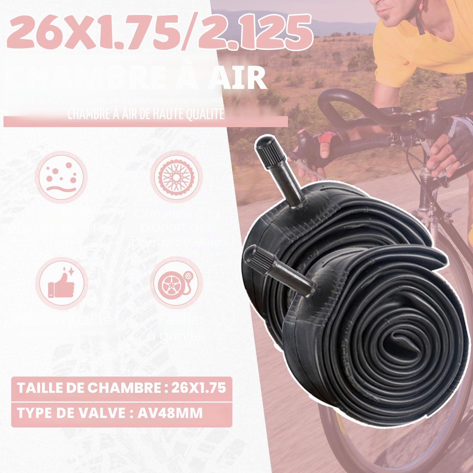 MEGHNA Pneu de vélo 26 pouces 26 x 1,75 (44-559) + 2 chambres à air AV48 mm + 2 démonte-pneus – Kit de pneus de vélo pour vélo de ville, VTT, vélo de trekking, vélo jeune, vélo pliant