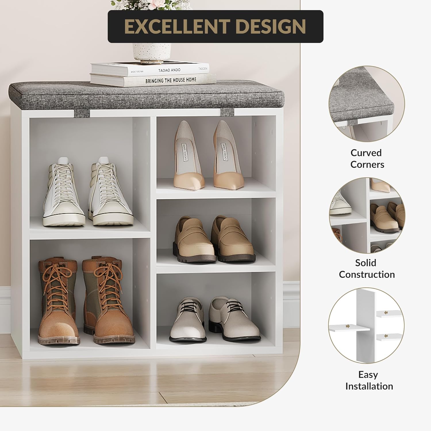 Shoe Bench with Padded Seat, 20'' Shoe Storage Bench with Adjustable Shelves & Side Pockets, 5 Cubes Storage Organizer for Entryway, Porch, Mudroom, Hallway(20''x12''x21''), White