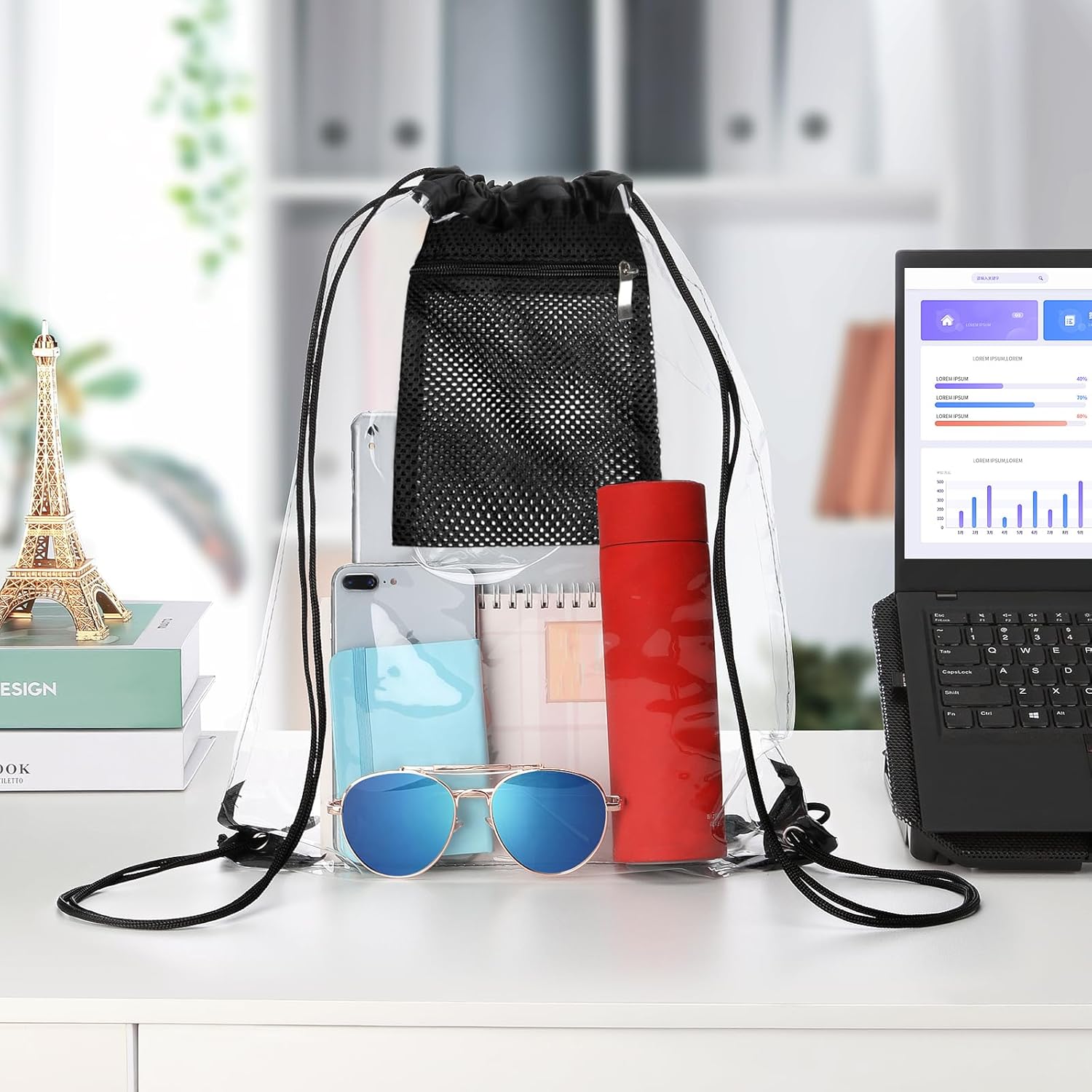 2 Pieces Clear Drawstring Bag for Stadium Concert Work Security Approved, Waterproof Clear String Backpack (Black) - Image 3