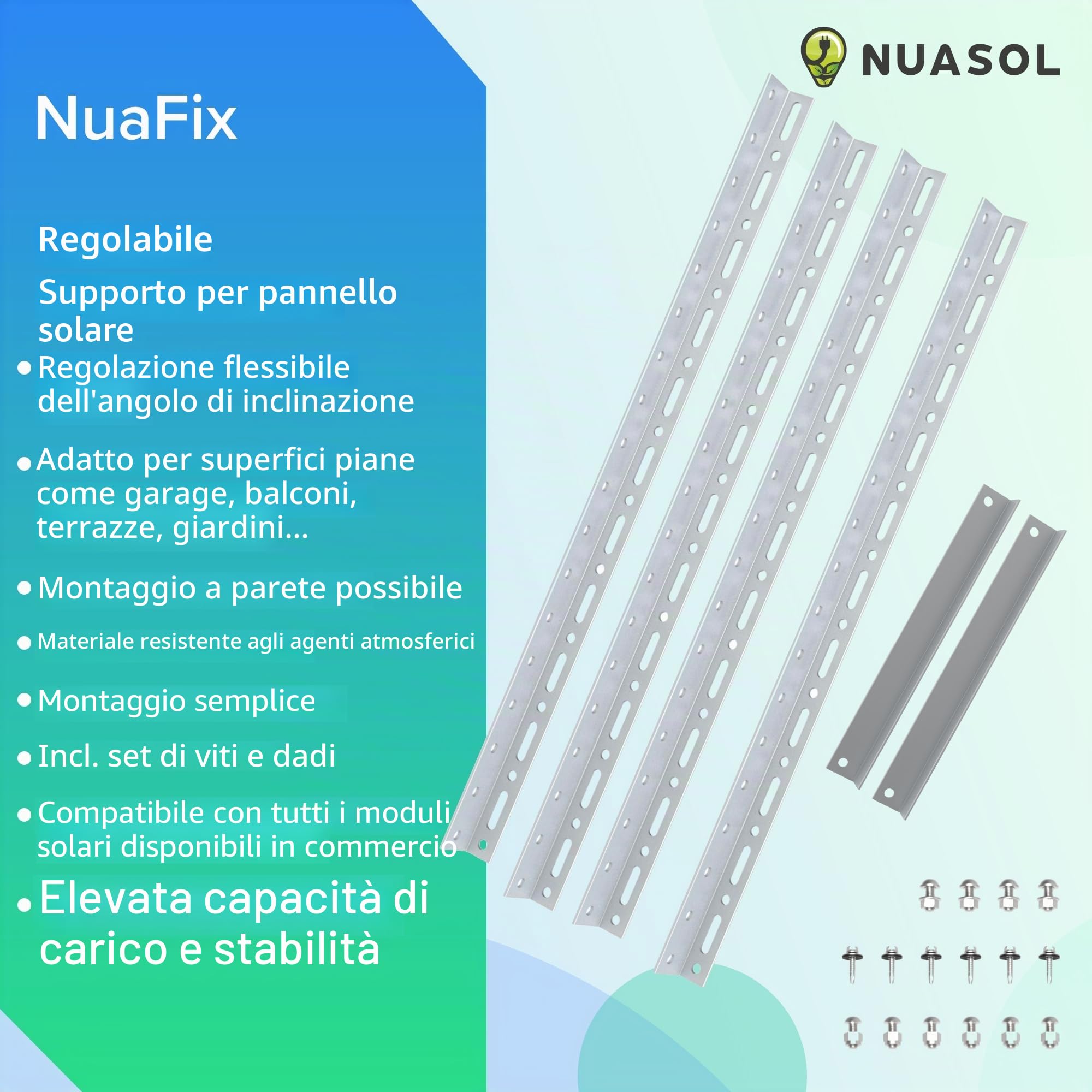 Supporto per pannello solare fino a 72 cm, 28 pollici, pannello solare PV, regolabile da 0 a 90°, set | alluminio | materiale di montaggio