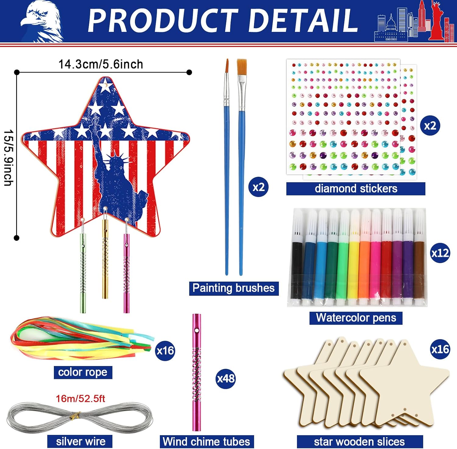 16 Pack 4th of July Wind Chime Kits Crafts for Kids Make Your Own Star Wind Chime Ornament Patriotic Wooden DIY Coloring Arts and Crafts for School Home Independence Day Memorial Day Decorations