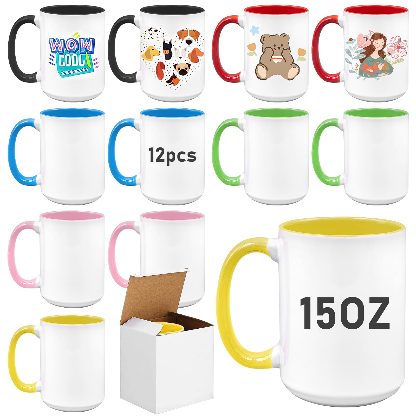 12er Set Sublimationsstassen Rohlinge mit farbigem Henkel & Innenseite, 15 oz / 450ml Große Kaffeebecher Keramik für Tassendruck,AAA Coated Fototassen Set inkl. 12 Einzelkartons für DIY Geschenke
