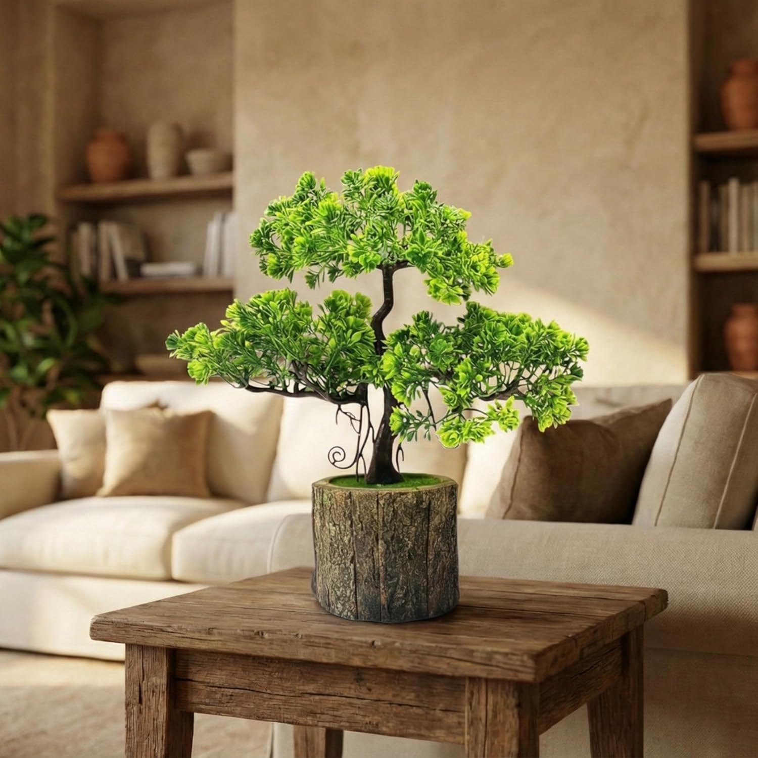 Plastic Small Artificial Plant Bonsai Tree Fake Plant Potted House Plants Japanese Pine Bonsai Plant Faux Bonsai for Home Indoor Decoration Office(Wooden Potted Plants,Design-H)-image-10