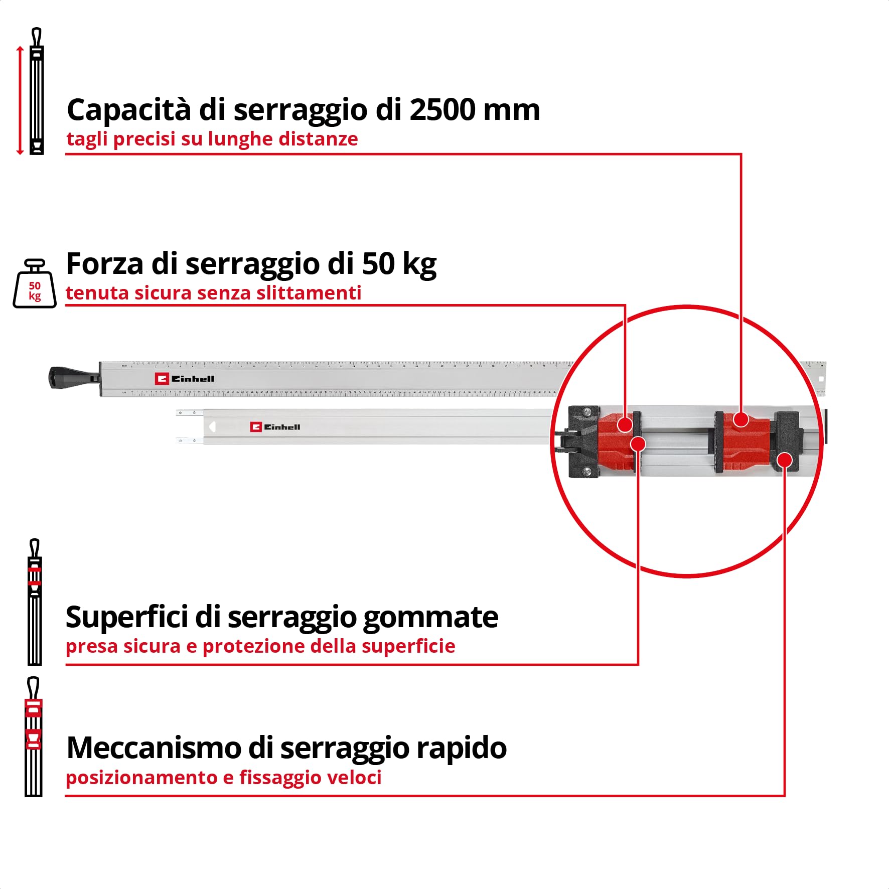 Einhell Guida universale per sega, 2 pezzi (capacità max. 2500 mm, forza 50 kg, profilo in alluminio, superfici antiscivolo, serraggio rapido, per seghetti alternativi e seghe circolari manuali)