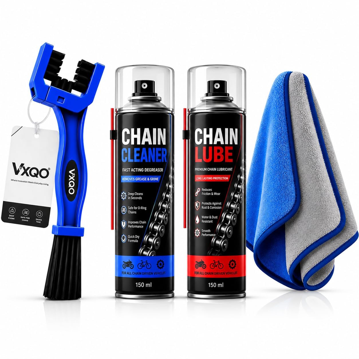 Bike Chain Cleaning Brush with Chain Cleaner & Chain Lube 150ml Each + Microfiber Duster | Complete Motorcycle Chain Cleaning Kit | Bicycle, Scooter & Cycle Maintenance Accessories-image-2