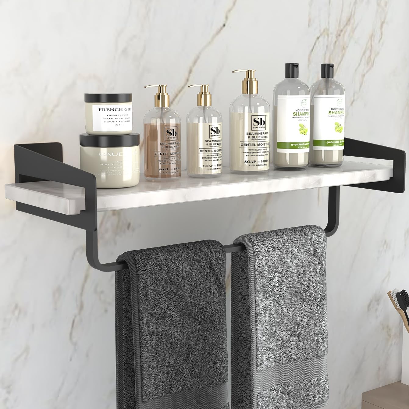 Amazon.com: XZHXFX Marble Bathroom Shelf with Towel Bar, 16" Metal ...