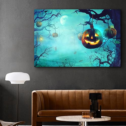 Miniatura 3 de ZKBX - Arte para pared de Halloween, decoración de calabaza, pósteres de bosque lunar, imágenes de noche de bosque oscuro de miedo, impresión en