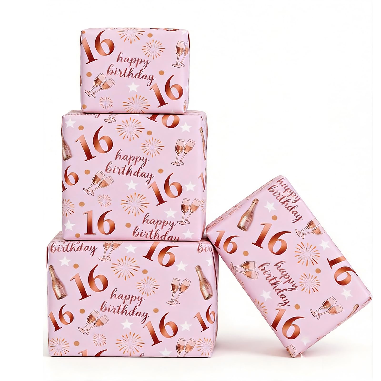 Jatidne 16th Birthday Wrapping Paper Recyclable with Ribbon Gift Wrap Pink and Gold Birthday Paper 16th Birthday Gifts for Girls Pack of 6 — image 1