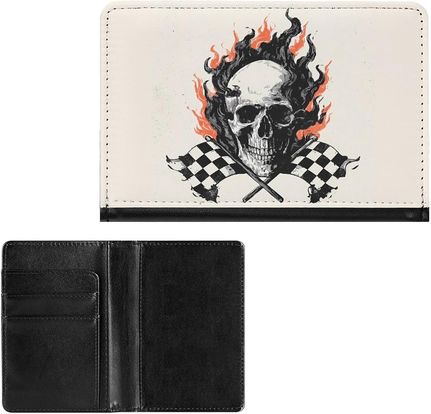 Skull with Flames Checkered Racing Flag Travel Passport Holder Passports Protective Cover for Women Men with Card Slots