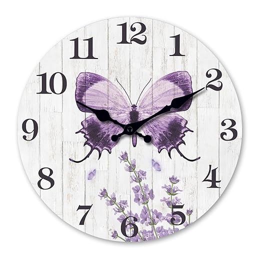 XFM Farmhouse Butterfly Wall Clock Purple Lavender Wooden Clocks 10 Inch Silent Non Ticking Battery