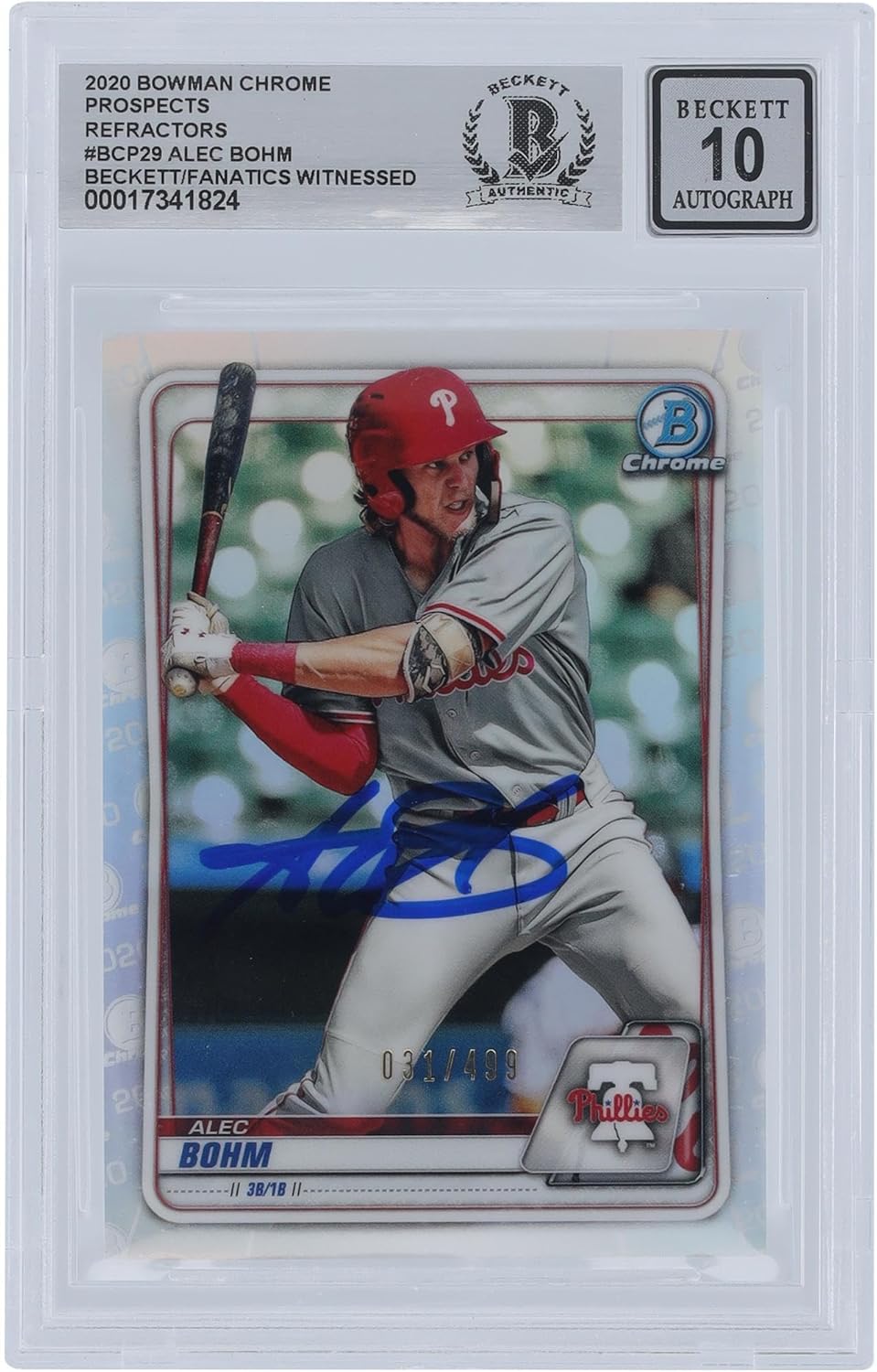 Alec Bohm Philadelphia Phillies Autographed 2020 Bowman Chrome Prospects Refractor #BCP-29#/499 Beckett Fanatics Witnessed Authenticated 10 Card - Baseball Slabbed Autographed Cards