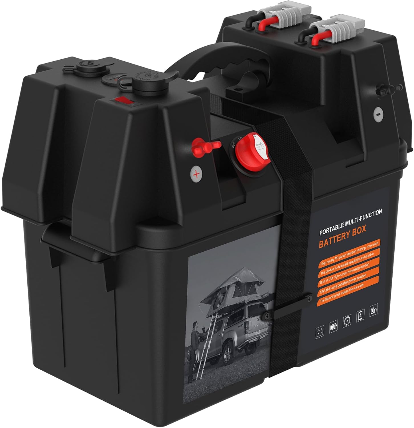 IZTOSS Portable Smart Battery Box, with Voltmeter, QC3.0+PD 18W Port, Cigarette Socket, Anderson Port, Power Switch Circuit Breaker, for Traction Motor, RV and Solar Panel, Battery not Included