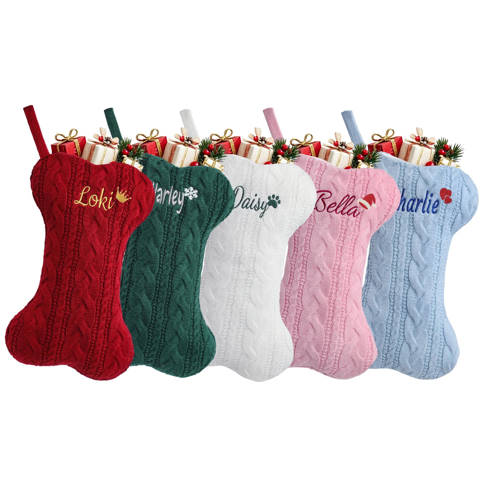 Loosusu Personalised Dog Christmas Stockings with Christmas Cards,15.7" Bone Shape Red Knit Xmas Stockings for Dog Puppy,Custom Embroidered Name Monogram Stocking for Dog — image 1