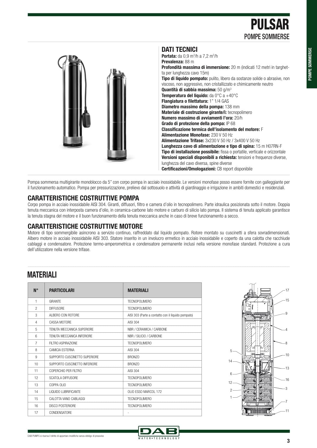 DAB PULSAR 40/50 M-A 1 HP Elettropompa sommersa Monofase uso idrico abitazione agricoltura giardino industria