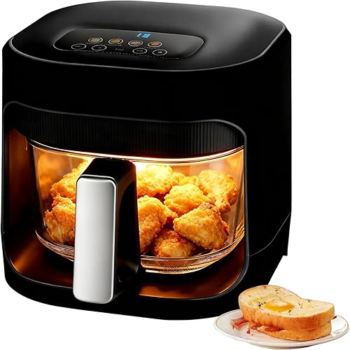 Versátil freidora de aire de vidrio 6 en 1 y horno tostador, capacidad de tamaño familiar de 4.7 cuartos de galón. Disfruta de resultados crujientes