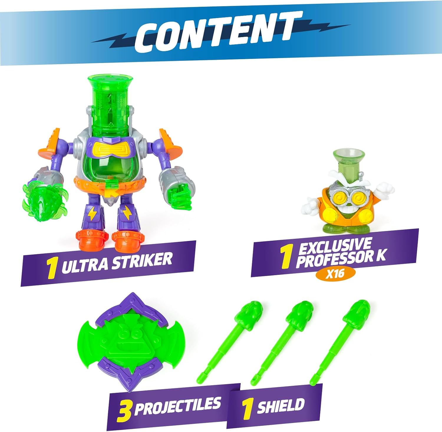 SUPERTHINGS - Ultra Striker Professor K.Robot Ultra Striker by Professor K from The TV Series SuperThings Kazoom Power. Includes 1 Ultra Striker Robot, 1 Exclusive Teacher K, 3 Projectiles, 1